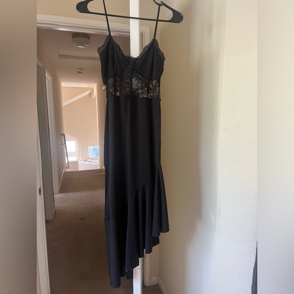One Clothing- Black Asymmetrical Lace-Trim Slip Dress